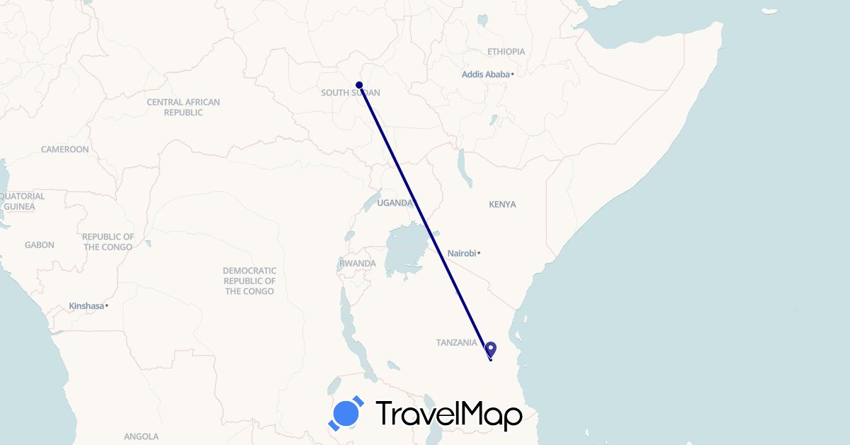 TravelMap itinerary: driving in South Sudan, Tanzania (Africa)